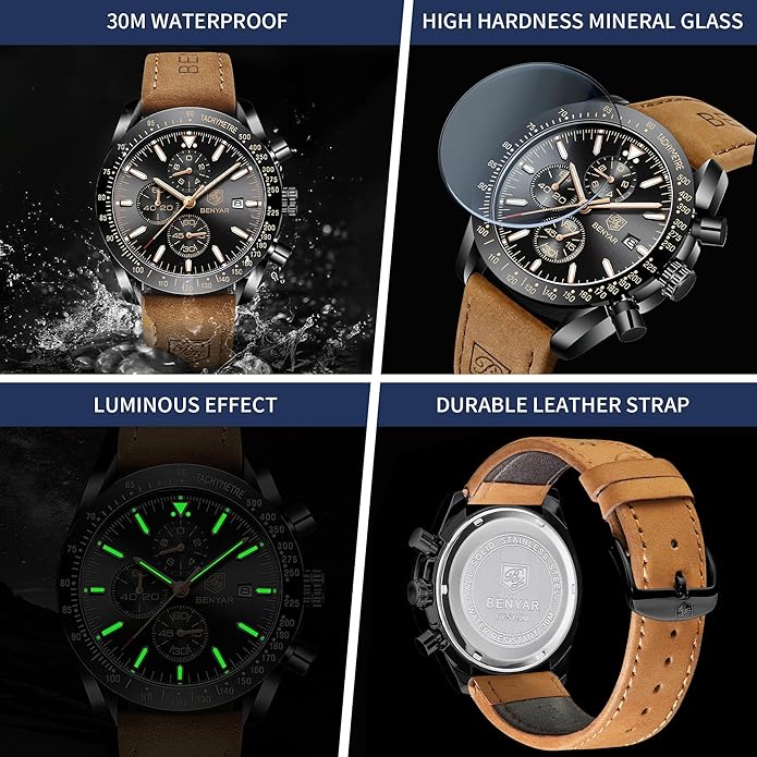 BY BENYAR Watch for Men Analog Quartz Chronograph Waterproof Luminous Designer Mens Wrist Watches Business Work Sport Casual Dress Watch with Silicone Strap Elegant Gifts for Men