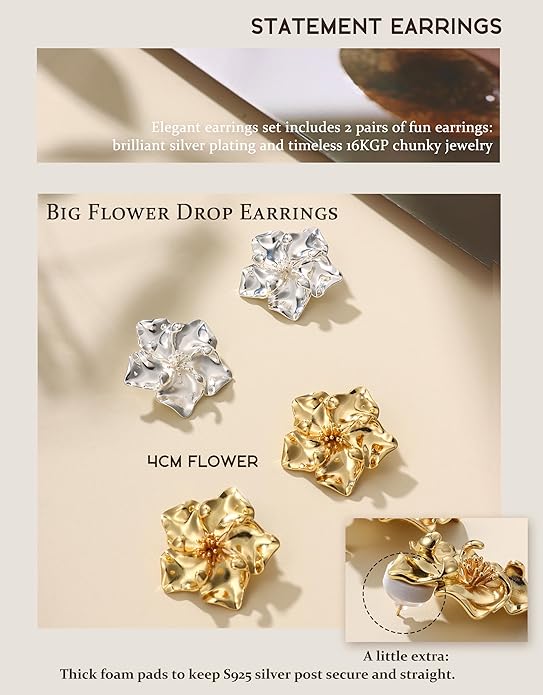 KRFY Statement Earrings 2 Pairs, S925 Sterling Silver Post 16K Plated Chunky Gold Earrings For Women Trendy, Hypoallergenic Big Flower Leaf Stud Earring Set, Silver Color Large Dangle Earrings Jewelry