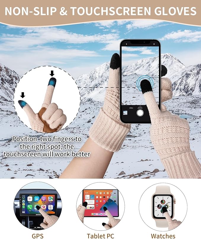 Remifa Winter Beanie Hat Scarf Gloves Set for Women, Slouchy Pom Pom Hat Long Knit Scarf Touchscreen Gloves Christmas Gifts