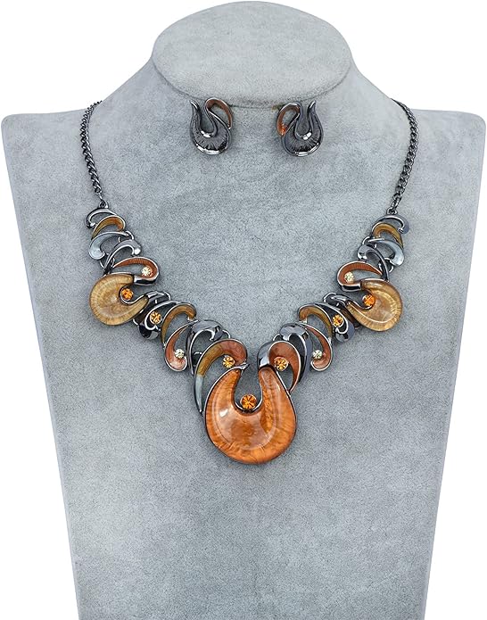 Retro Women's Crystal Floral Petal Leaf Chunky Statement Necklace and Earrings Set Party Jewelry