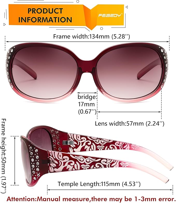 FEISEDY Women's Polarized Sunglasses Wrap Around Rhinestone Design Fashion Sunnies UV400 Protection B1091