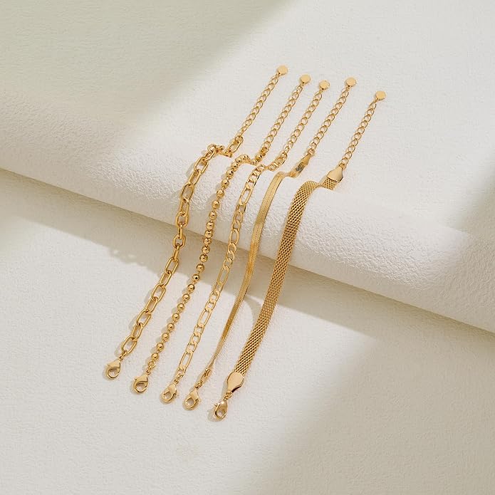 Gold Chain Bracelet Set for Women 14K Gold Plated Bracelets Multi-Layer Stackable Bracelet Dainty Cuban Paperclip Chain Bracelets Pack Jewelry