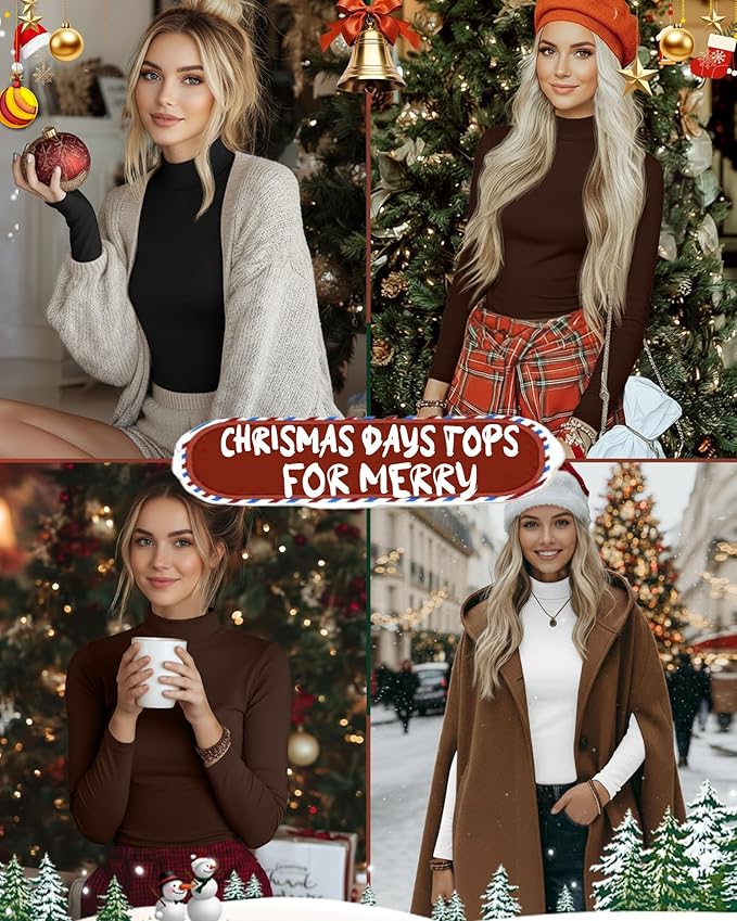 Ficerd 3 Pack Women's Mock Turtleneck Shirts, Long Sleeve Mock Neck Pullover Tops Slim Fitted Stretch Undershirt Tee Blouse