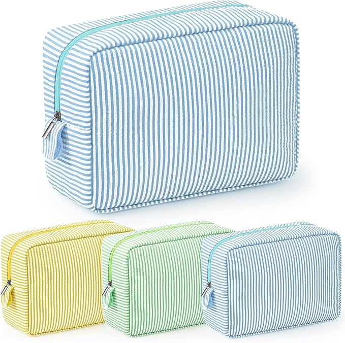 Sanwuta 3 Pcs Seersucker Makeup Bags Seersucker Cosmetic Bags Striped Women Large Travel Toiletry Organizer Preppy Storage Pouch for Embroidery Wedding Bridesmaid Gifts(Yellow, Green, Lake Blue)