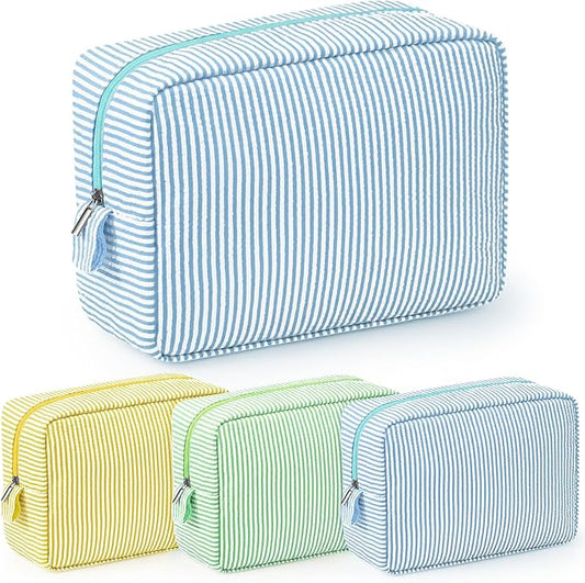 Sanwuta 3 Pcs Seersucker Makeup Bags Seersucker Cosmetic Bags Striped Women Large Travel Toiletry Organizer Preppy Storage Pouch for Embroidery Wedding Bridesmaid Gifts(Yellow, Green, Lake Blue)