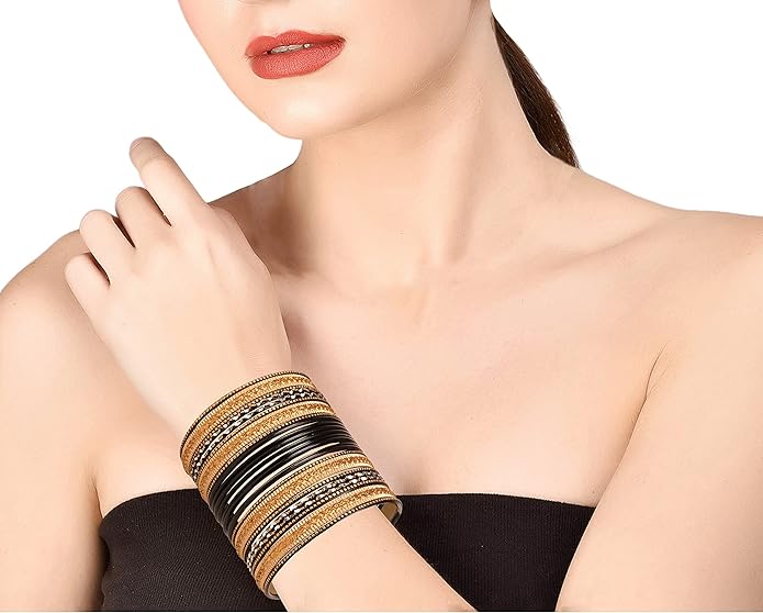 Touchstone Indian Metal Bangles for Women Gold Alloy Bracelets desi 2 Dozen Bangle Collection Bollywood Women's Jewelry Set Multi Stacking Wide Chunky Textured Golden Set of 24 in Gold or White Tone