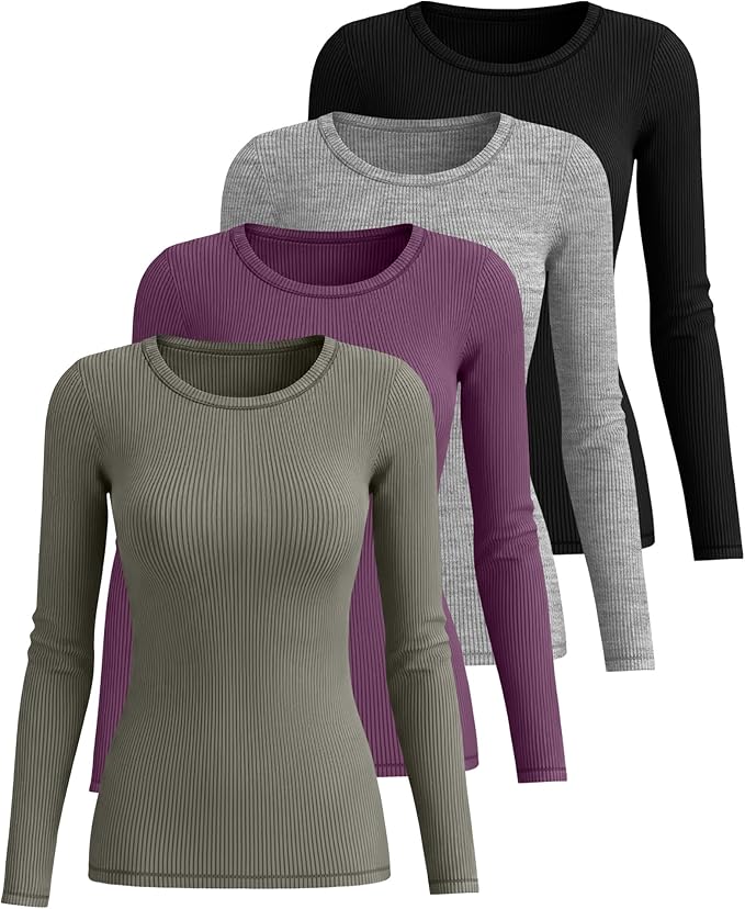 Neer 4 Pack Women's Ribbed Long Sleeve Shirts, Cotton Crew Neck Slim Fit Tops Stretch Knit Casual Base Layer Basic Tee Shirts