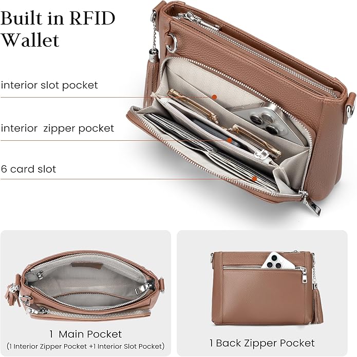 befen Anti Theft Genuine Leather Crossbody Bags for Women Handbags and Shoulder Basg with Built in Wallet RFID Leather Purse
