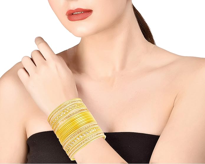 Touchstone Indian Metal Bangles for Women Gold Alloy Bracelets desi 2 Dozen Bangle Collection Bollywood Women's Jewelry Set Multi Stacking Wide Chunky Textured Golden Set of 24 in Gold or White Tone