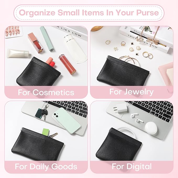 Sightor Leather Pocket Cosmetic Bag for Purse, 2 Pack Small Makeup Bag for Women Coin Purse Lipstick Cosmetic Accessories Organizer Travel Cosmetic Pouch (Black)