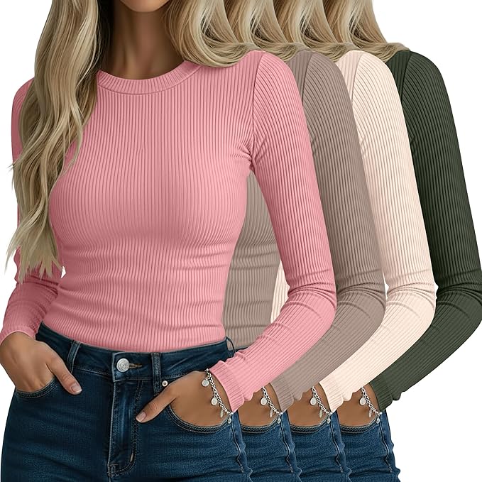 Neer 4 Pack Women's Ribbed Long Sleeve Shirts, Cotton Crew Neck Slim Fit Tops Stretch Knit Casual Base Layer Basic Tee Shirts