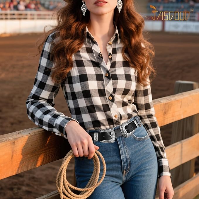 JASGOOD Double Buckle Western Belts For Woman Cowgirl Country Belt Vintage Black Leather Belt For Jeans Pants Dresses