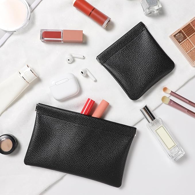 Sightor Leather Pocket Cosmetic Bag for Purse, 2 Pack Small Makeup Bag for Women Coin Purse Lipstick Cosmetic Accessories Organizer Travel Cosmetic Pouch (Black)