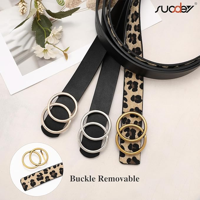 SUOSDEY Women Leather Belt Fashion Double O-Ring Soft Faux Leather Waist Belts For Jeans Dress