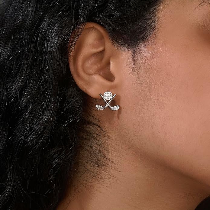 Golf Stud Earrings for Women Silver Gold Gifts Cubic Zirconia Flat Back Hypoallergenic Club Cute Dainty Player Fan Tournament Fashion Unique Accessory Small Birthday Novelty Sports Jewelry