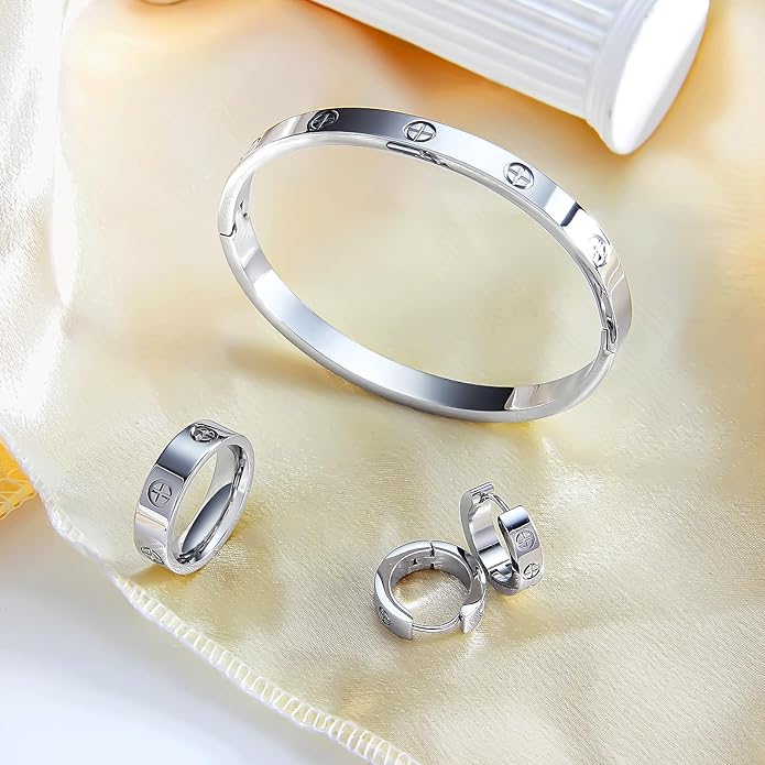3 Pcs Hoop Earrings Bracelets Ring Sets for Women-18K Gold Plated Love Bracelet Cubic Zirconia Cuff Bangle Hoop Earrings Friendship Love Ring Jewelry Set,Wedding Party Christmas Valentine's Day Birthday Gifts for Her Girlfriend Sister Daughter