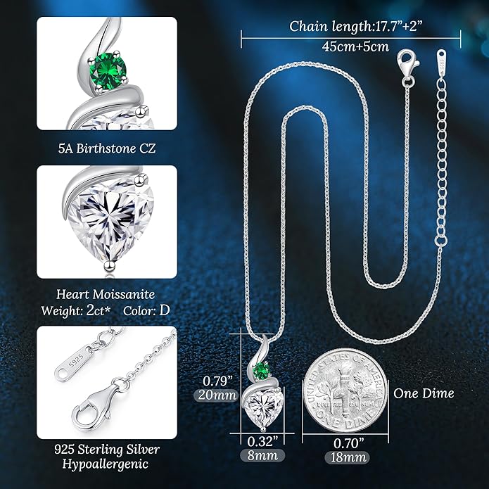 ANDSO Moissanite Heart Pendant Necklaces for Women, 925 Sterling Silver Necklace with Birthstone, Ideal Anniversary Present or Birthday Christmas Valentine Jewelry Gifts for Mom Wife Her Girlfriend
