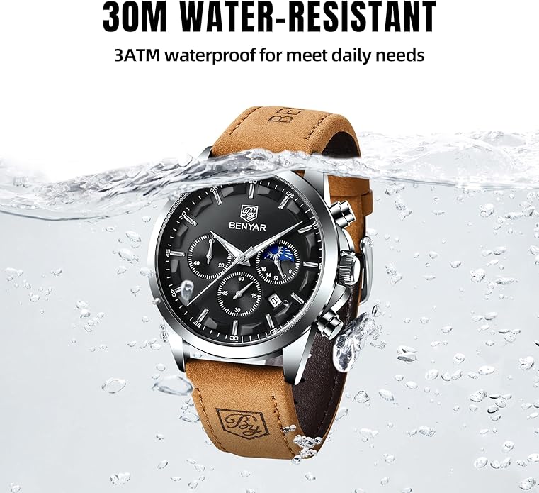 BY BENYAR Mens Watches Analog Quartz Chronograph Waterproof Wrist Watches for Men Fashion Business Work Casual Sport Designer Dress Watch with Calendar Elegant Gifts for Men