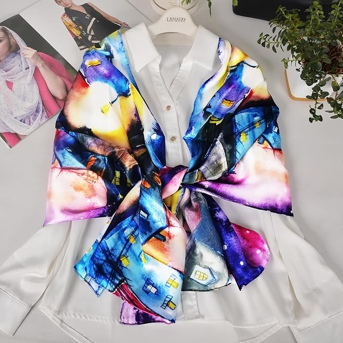 100% Mulberry Silk Scarf for Women Neck Oblong Headscarves Long Floral Print Lightweight Silk Wraps Shawls 67"*20"