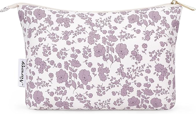 Narwey Small Makeup Bag for Purse Travel Makeup Pouch Cosmetic Bag Zipper Pouch Bags for Women (Little Dusty Pink Flower)