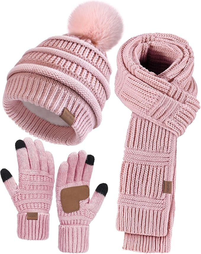 Remifa Winter Beanie Hat Scarf Gloves Set for Women, Slouchy Pom Pom Hat Long Knit Scarf Touchscreen Gloves Christmas Gifts