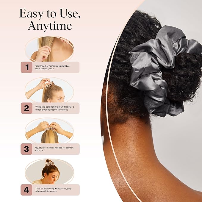 Kitsch Satin Scrunchies for Women - No Crease Hair Ties for Girls | Big Scrunchies for All Hair Types and Textures, Perfect for Day or Night | Ideal Gifts for Women - 2 Pcs, Charcoal and Gold