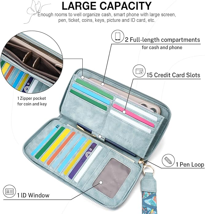 RFID Wallet Women, Large Capacity Butterfly Cell Phone Clutch Purses Ladies Wristlet Wallets for Women