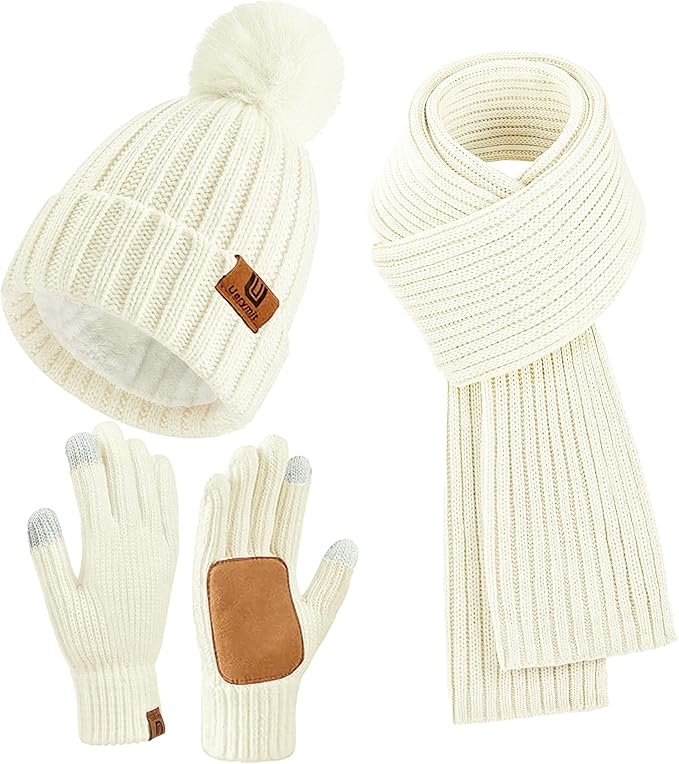 Womens Winter Beanie Hat Scarf Gloves Set Warm Knit Beanie with Pom Pom Long Scarf Touchscreen Gloves 3 in 1 Set