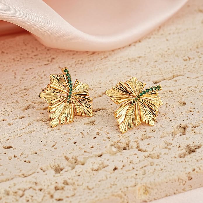 Large Gold Earrings for Women, Chunky Gold Statement Drop Dangle Earring Maple Leave Ginko Leaf Jewelry Gifts