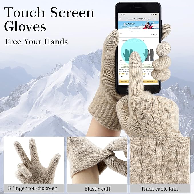 Womens Winter Beanie Hats Long Scarf Touchscreen Gloves Set Warm Knit Skull Caps Gifts for Women