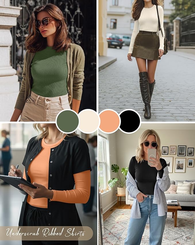 Neer 4 Pack Women's Ribbed Long Sleeve Shirts, Cotton Crew Neck Slim Fit Tops Stretch Knit Casual Base Layer Basic Tee Shirts