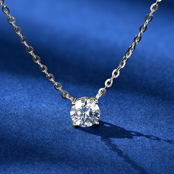 S925 Sterling Silver 0.5/1ct Single Diamond Necklace for Women, D-Color VVS1, Minimalist Round Diamond Collarbone Chain, Wonderful for a Daughter Christmas Gift