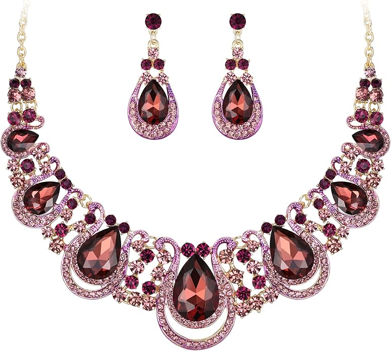 BriLove Women's Costume Fashion Crystal Teardrop Hollow Scroll Statement Necklace Dangle Earrings Set