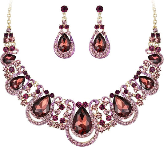 BriLove Women's Costume Fashion Crystal Teardrop Hollow Scroll Statement Necklace Dangle Earrings Set