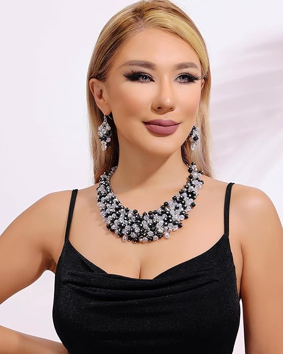 Bocar Fashion Crystal Chunky Collar Statement Necklace Earring Set for Women Gift (NK-10260)