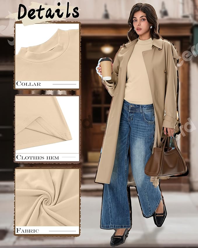 Ficerd 3 Pack Women's Mock Turtleneck Shirts, Long Sleeve Mock Neck Pullover Tops Slim Fitted Stretch Undershirt Tee Blouse