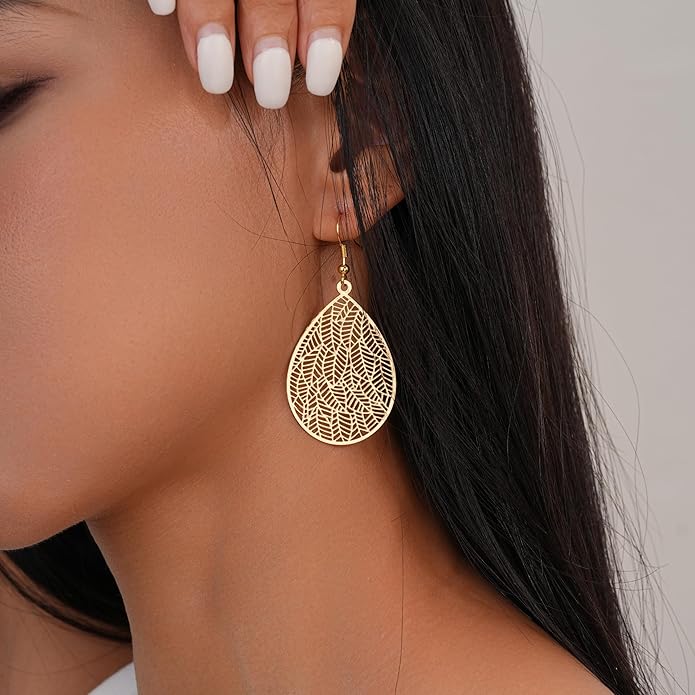 Large Gold Earrings for Women, Chunky Gold Statement Drop Dangle Earring Maple Leave Ginko Leaf Jewelry Gifts