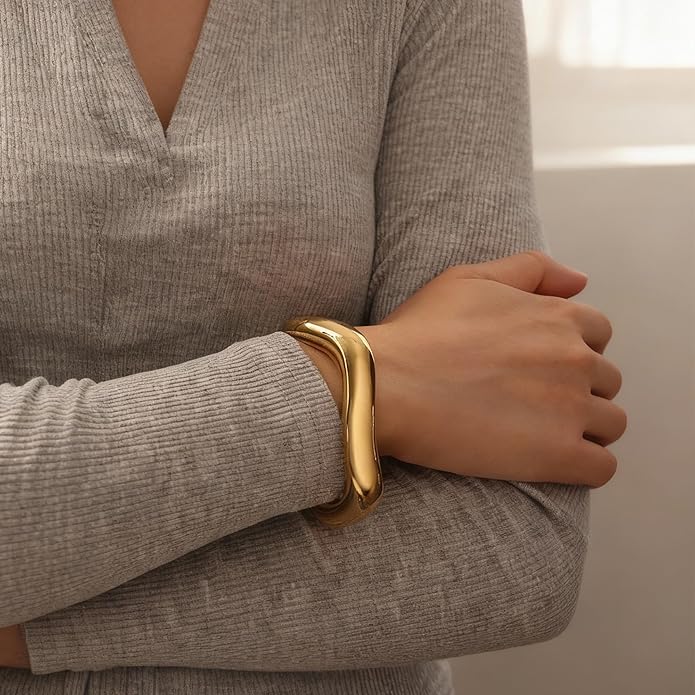 iF YOU Chunky Gold Bangle Bracelets for Women, 14k Gold Plated Multi Layer Stackable Cuff Bracelet Set, Trendy Statement Bracelet Stack Jewelry Gifts