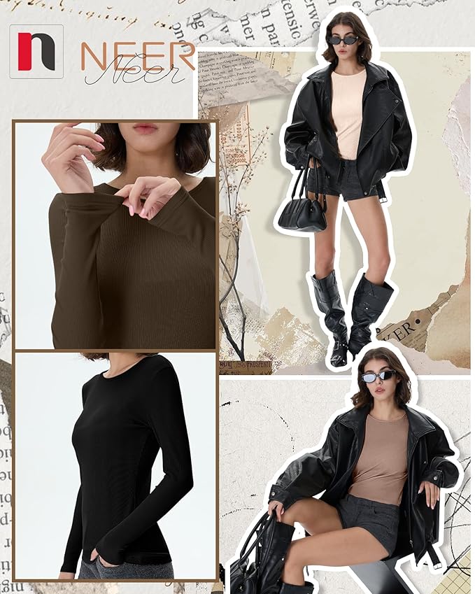 Neer 4 Pack Women's Ribbed Long Sleeve Shirts, Cotton Crew Neck Slim Fit Tops Stretch Knit Casual Base Layer Basic Tee Shirts