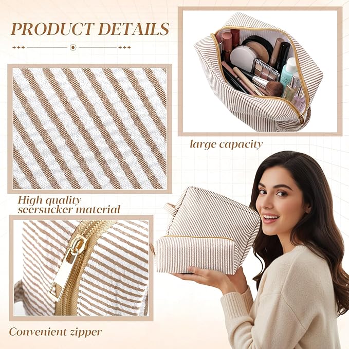 Sanwuta 2 Pcs Makeup Bag Set Seersucker Cosmetic Bag for Women Cute Stripe Travel Toiletry Organizer Aesthetic Preppy Storage Pouch for Girls Wedding Bridesmaid Valentine's Day Gifts(Brown)
