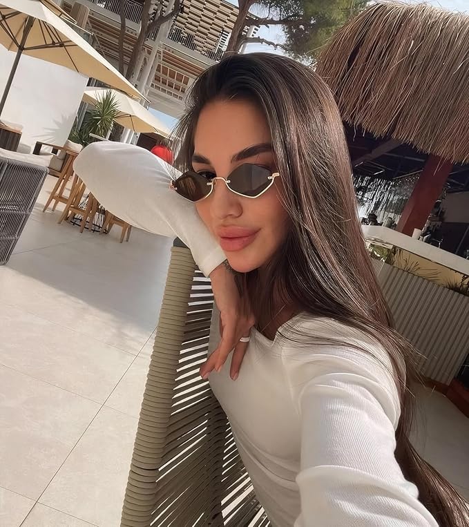 Retro Y2k Sunglasses for Women Men,Trendy Semi-Rimless Sun Glasses Irregular Narrow Gold Sunnies UV400