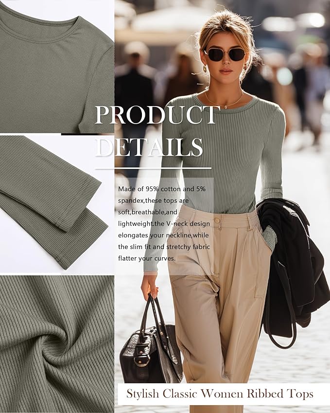 Neer 4 Pack Women's Ribbed Long Sleeve Shirts, Cotton Crew Neck Slim Fit Tops Stretch Knit Casual Base Layer Basic Tee Shirts