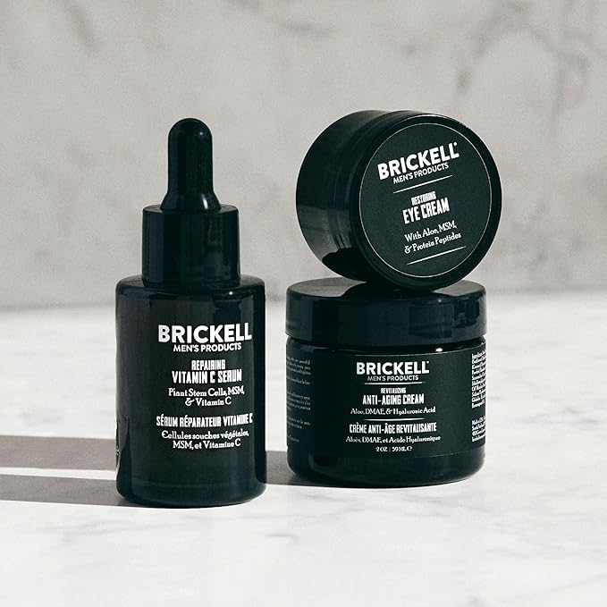 Brickell Men's Advanced Anti-Aging Routine, Night Face Cream, Vitamin C Facial Serum and Eye Cream, Natural and Organic, Unscented, Skin Care Gift Set