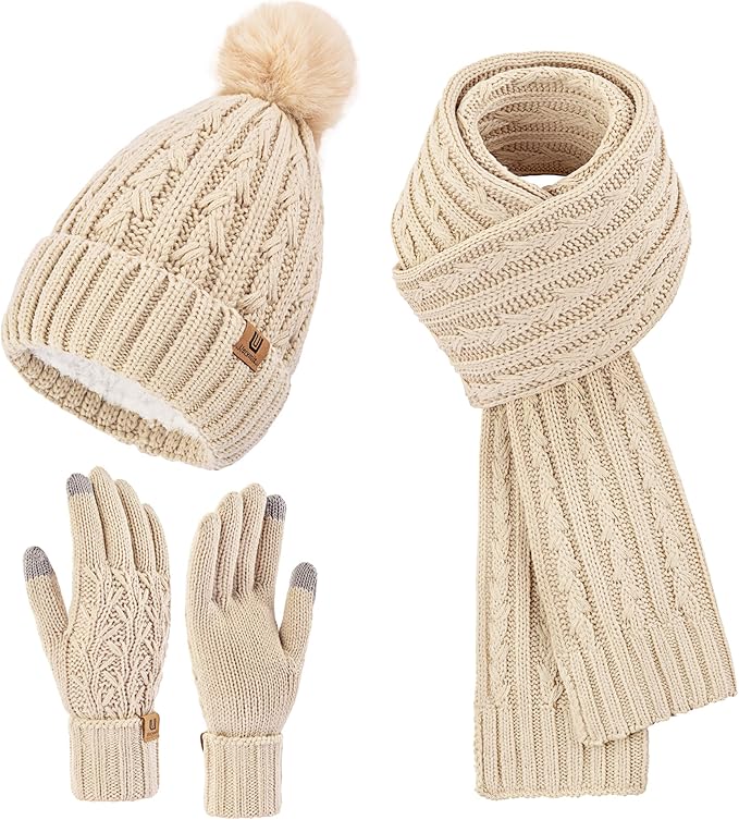 Womens Winter Warm Beanie Hat Long Scarf Touchscreen Gloves Set with Fleece Lined Skull Pom Caps 3 in 1 Set for Gift