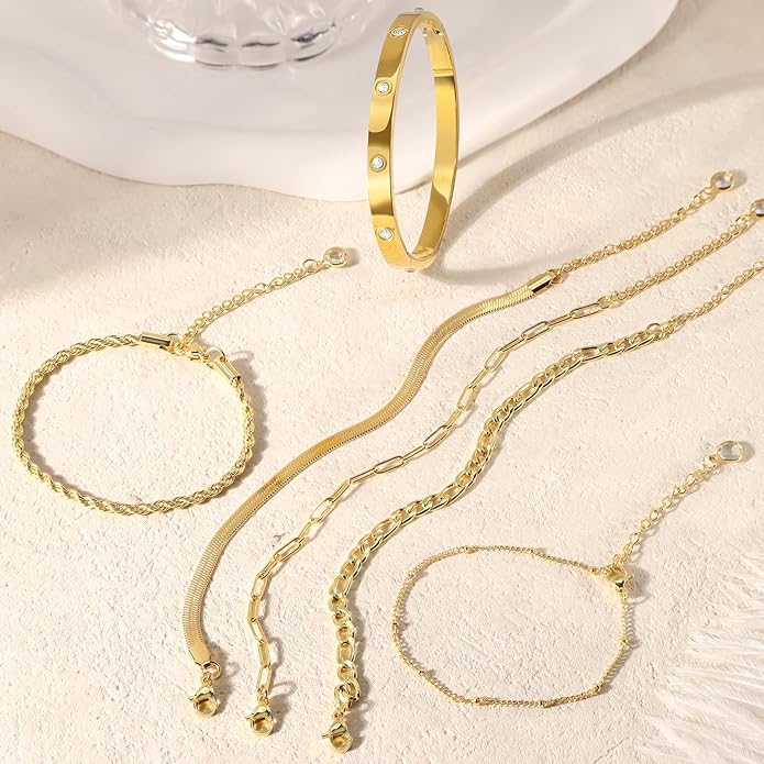 Gold Bracelets for Women Non Tarnish, Dainty 18K Gold Plated Bracelets Stack Trendy Waterproof Stackable Bangles, Cuban Link Paperclip Chain Jewelry Set Fashion Accessories Gifts for Women
