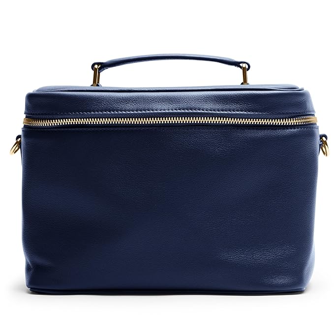 Leatherology Navy Blue XL Train Case – Full-Grain Leather Cosmetic Organizer with Spacious Interior, Removable Dividers, Water-Resistant Lining & D-Rings for Strap