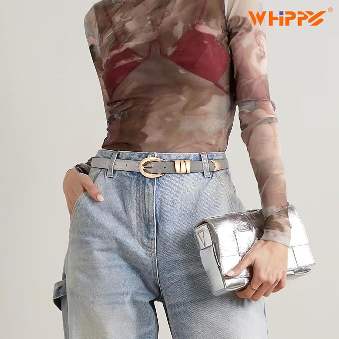 WHIPPY Women Skinny Leather Belt for Jeans Pants Dresses Ladies Fashion Waist Belt with Shiny Gold Buckle