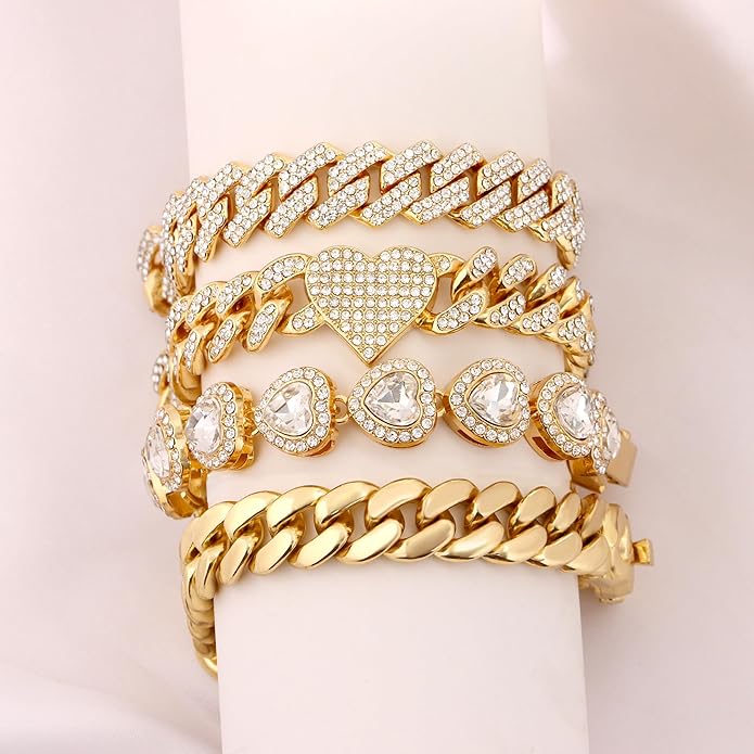 4PCS Gold Bracelets for Women Silver Clustered Tennis Bracelet for Women Heart Round Diamond Cuban Bracelet Layered Link Bracelet Set Fashion Jewelry for Women Set
