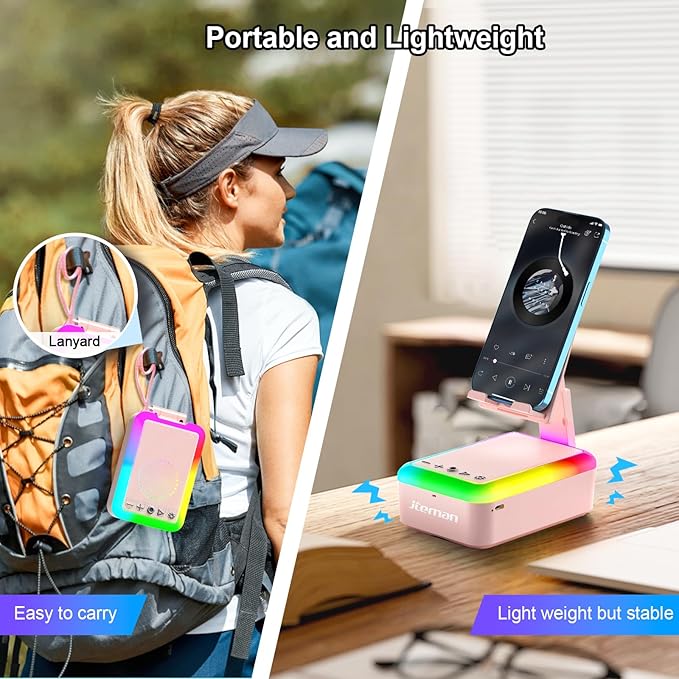 JTEMAN Cell Phone Stand with Bluetooth Speaker and Light, Portable Lanyard, Cool Tech Gifts for Wife Mom Women Men, Unique Birthday Gift Idea Pink