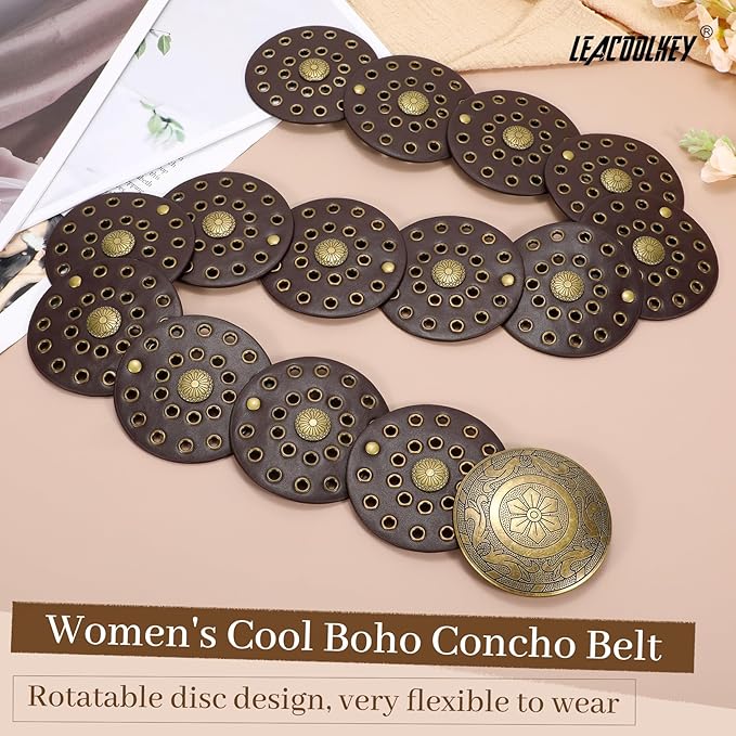 LEACOOLKEY Women's Boho Disc Belt Wide Western Leather Belt Vintage Concho Waist Belts for Dress Jeans